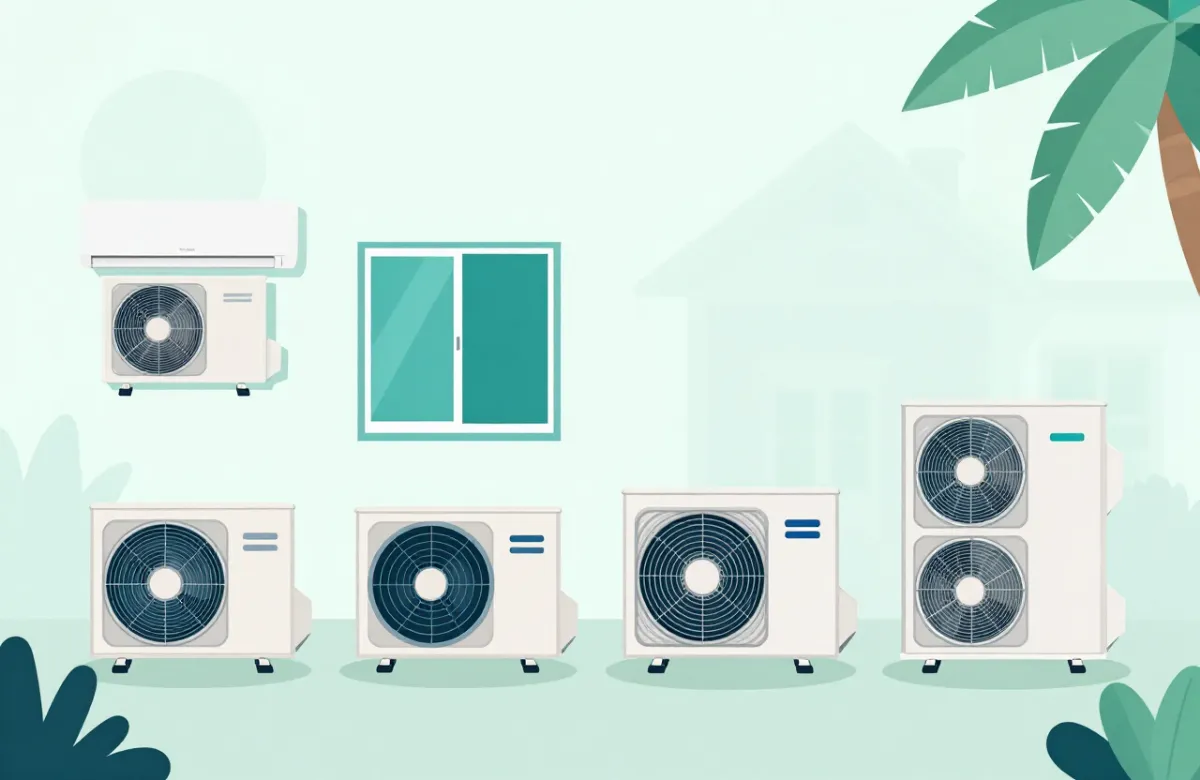 Comparación visual de los cuatro tipos de aire acondicionado: split, ventana, central y multisplit