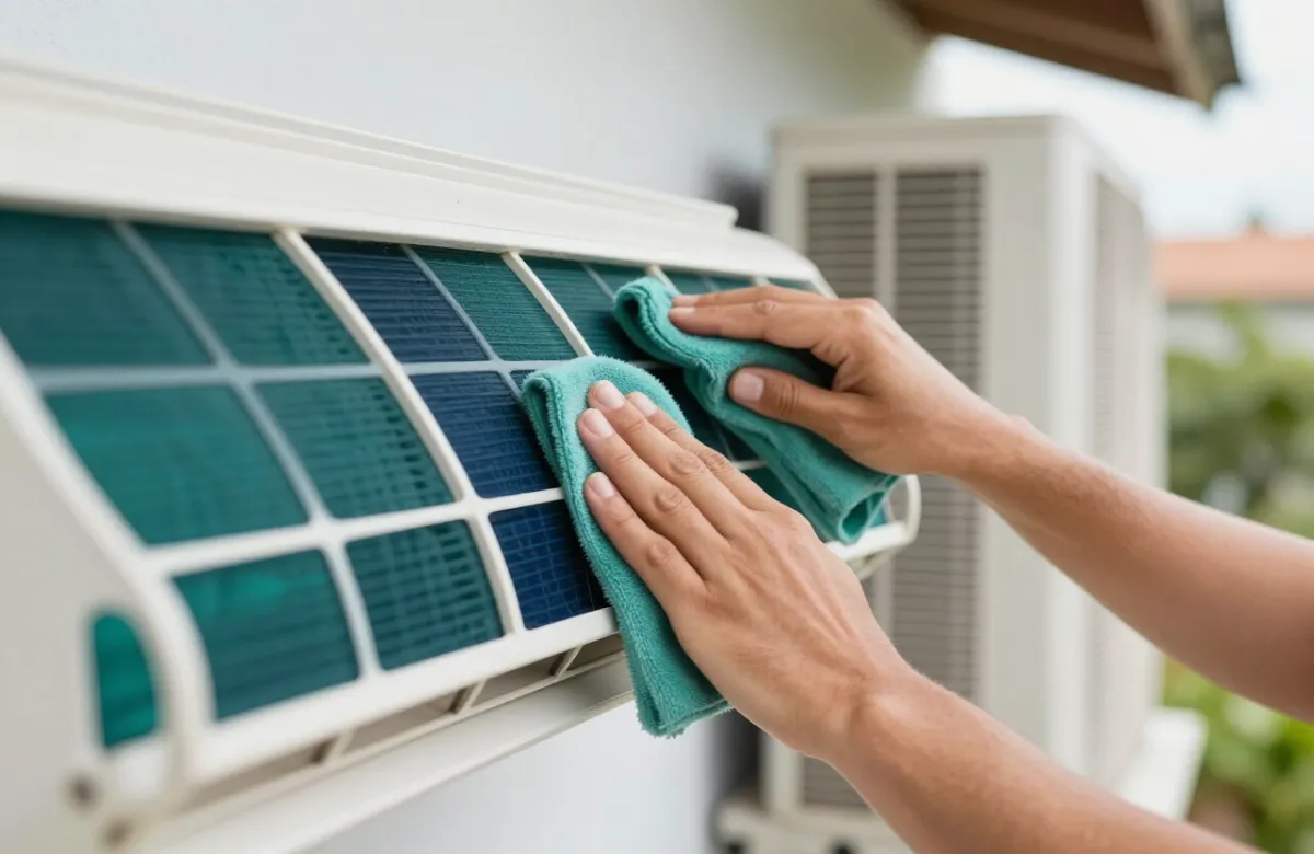 Pasos de limpieza y mantenimiento de un aire acondicionado: lavado de filtros, limpieza de la unidad interior y revisión de la unidad exterior