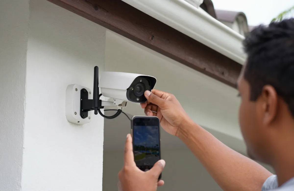 Técnico instalando una cámara de seguridad WiFi en una villa mientras revisa la imagen en vivo desde el celular