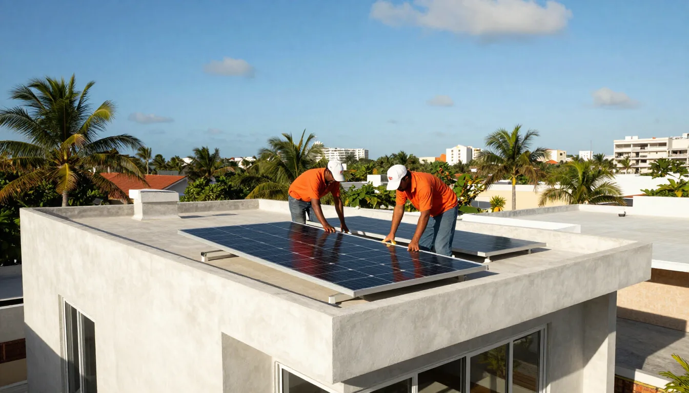 Técnicos instalando paneles solares en una casa en Santo Domingo